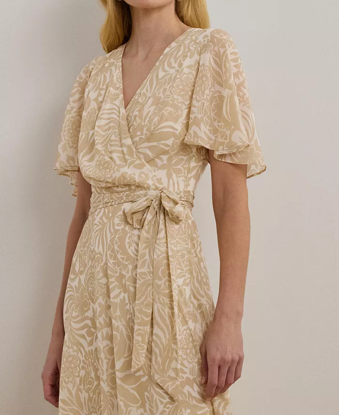 Lauren Ralph Lauren Women's Floral Belted Crinkle Georgette Dress Women's Fashion Shoes & Accessories