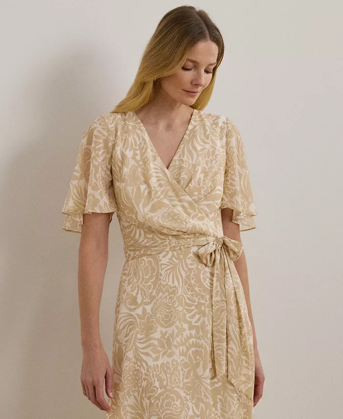 Lauren Ralph Lauren Women's Floral Belted Crinkle Georgette Dress Women's Fashion Shoes & Accessories