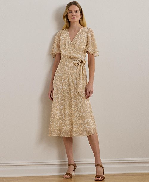 Lauren Ralph Lauren Women's Floral Belted Crinkle Georgette Dress Women's Fashion Shoes & Accessories