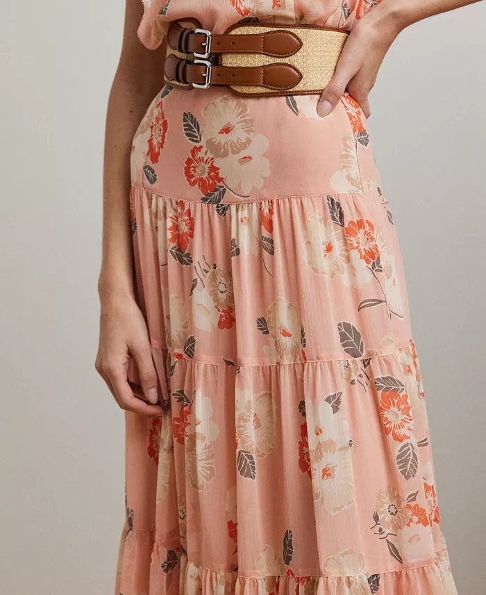 Lauren Ralph Lauren Women's Floral Crinkle Georgette Tiered Skirt Regular & Petite Women's Fashion Shoes & Accessories