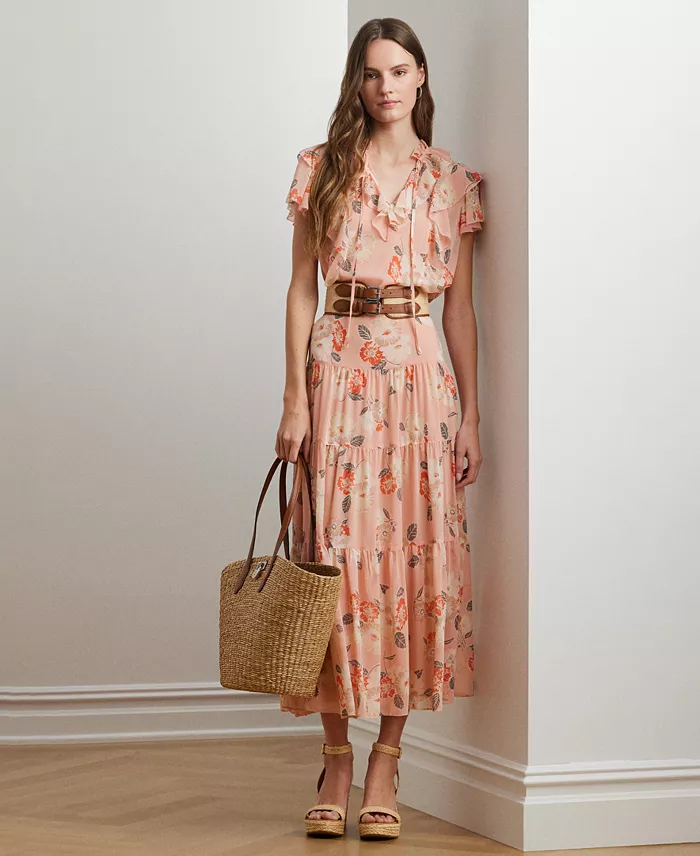 Lauren Ralph Lauren Women's Floral Crinkle Georgette Tiered Skirt Regular & Petite Women's Fashion Shoes & Accessories