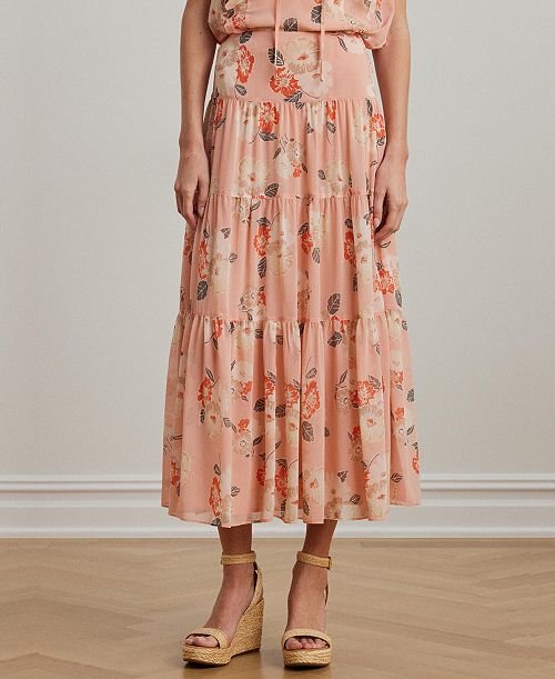 Lauren Ralph Lauren Women's Floral Crinkle Georgette Tiered Skirt Regular & Petite Women's Fashion Shoes & Accessories