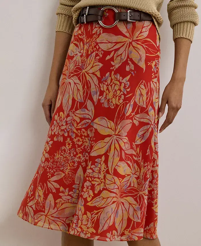 Lauren Ralph Lauren Women's Floral Crinkle Georgette Midi Skirt Women's Fashion Shoes & Accessories