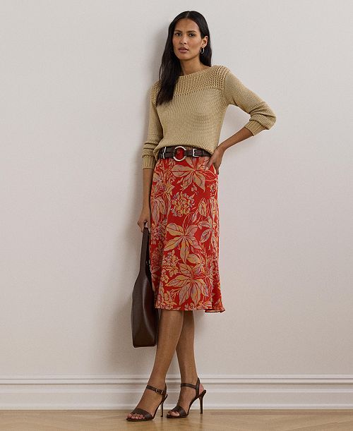 Lauren Ralph Lauren Women's Floral Crinkle Georgette Midi Skirt Women's Fashion Shoes & Accessories