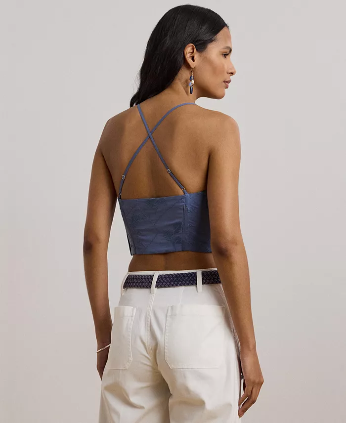 Lauren Ralph Lauren Women's Floral-Embroidered Voile Cropped Bustier Women's Fashion Shoes & Accessories