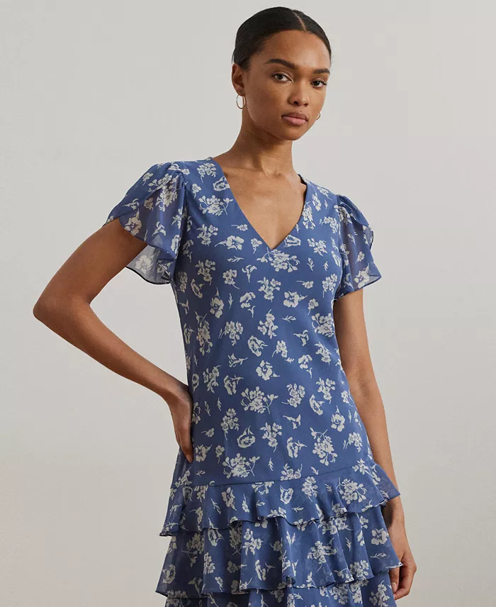 Lauren Ralph Lauren Women's Floral Georgette Drop-Waist Dress Women's Fashion Shoes & Accessories