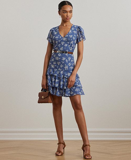 Lauren Ralph Lauren Women's Floral Georgette Drop-Waist Dress Women's Fashion Shoes & Accessories