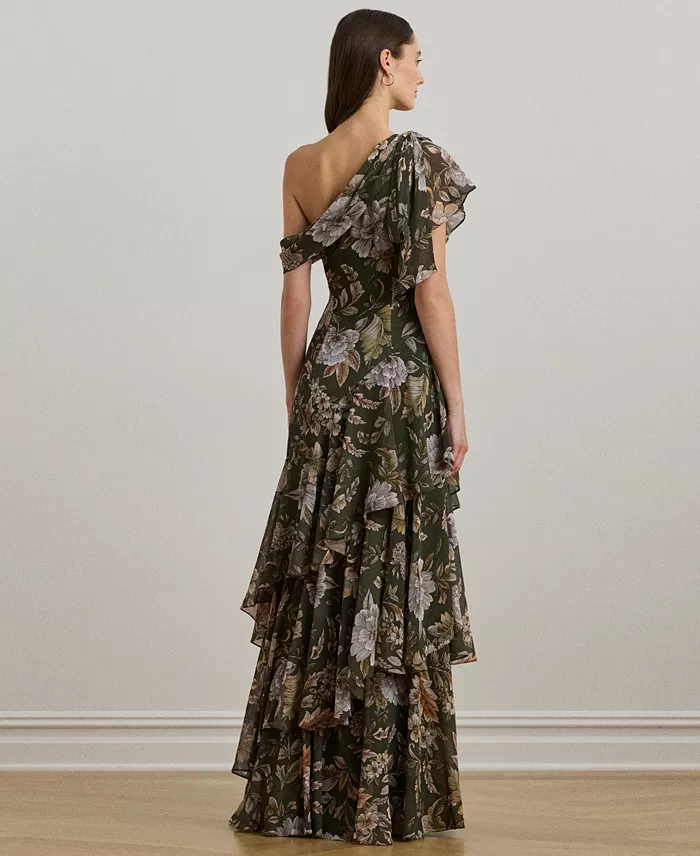 Lauren Ralph Lauren Women's Floral Georgette One-Shoulder Gown Women's Fashion Shoes & Accessories