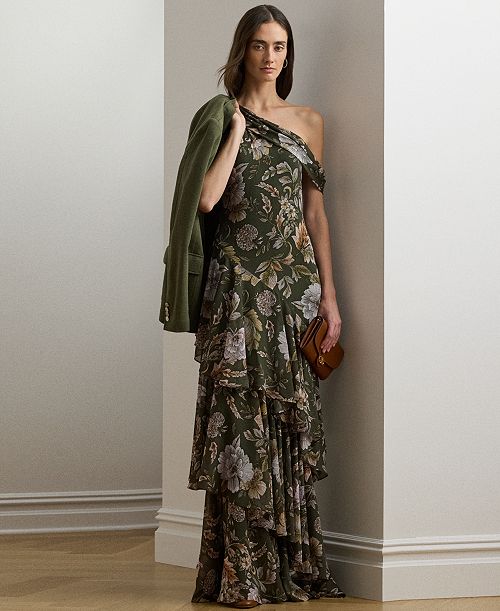 Lauren Ralph Lauren Women's Floral Georgette One-Shoulder Gown Women's Fashion Shoes & Accessories