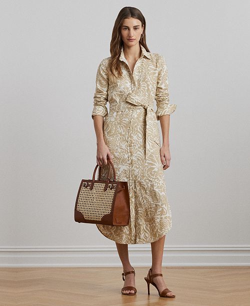 Lauren Ralph Lauren Women's Floral Linen Shirtdress Regular & Petite Women's Fashion Shoes & Accessories