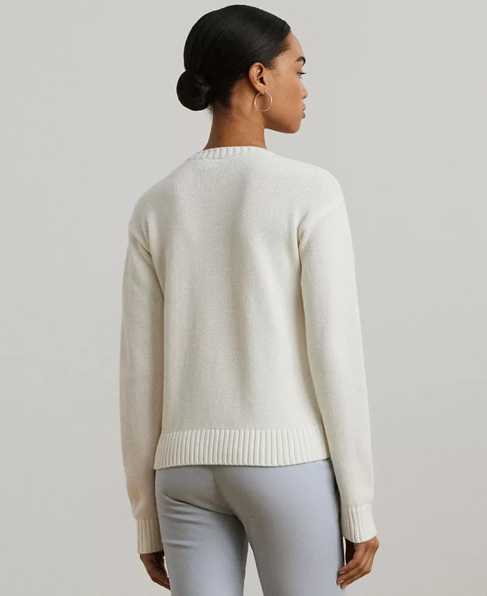Lauren Ralph Lauren Women's Floral-Logo Combed Cotton Sweater Women's Fashion Shoes & Accessories