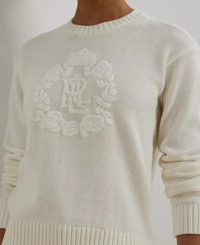 Lauren Ralph Lauren Women's Floral-Logo Combed Cotton Sweater Women's Fashion Shoes & Accessories