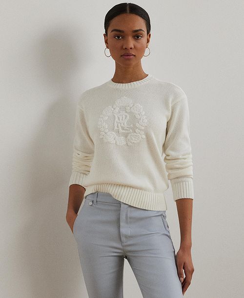 Lauren Ralph Lauren Women's Floral-Logo Combed Cotton Sweater Women's Fashion Shoes & Accessories
