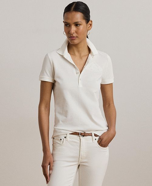 Lauren Ralph Lauren Women's Floral-Logo Cotton Piqué Polo Shirt Women's Fashion Shoes & Accessories