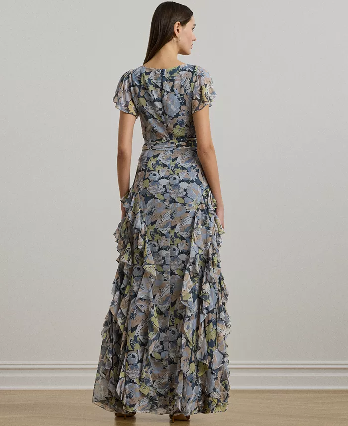 Lauren Ralph Lauren Women's Floral Ruffle-Trim Georgette Gown Women's Fashion Shoes & Accessories