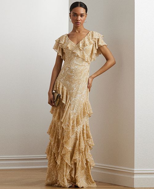 Lauren Ralph Lauren Women's Floral Ruffle-Trim Georgette Gown Women's Fashion Shoes & Accessories