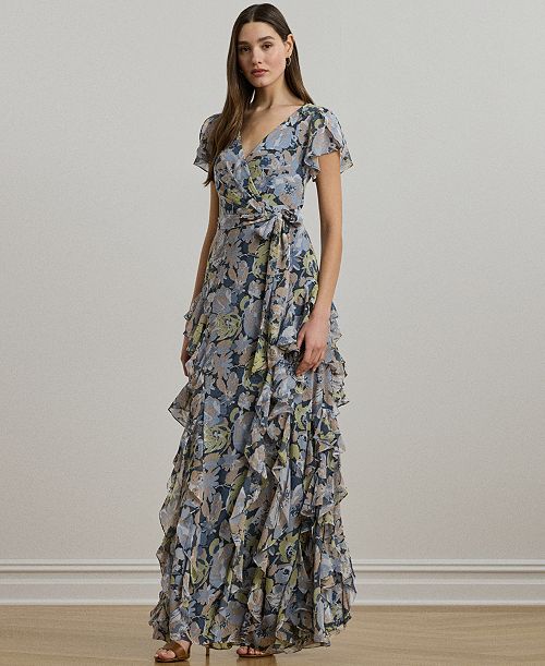 Lauren Ralph Lauren Women's Floral Ruffle-Trim Georgette Gown Women's Fashion Shoes & Accessories
