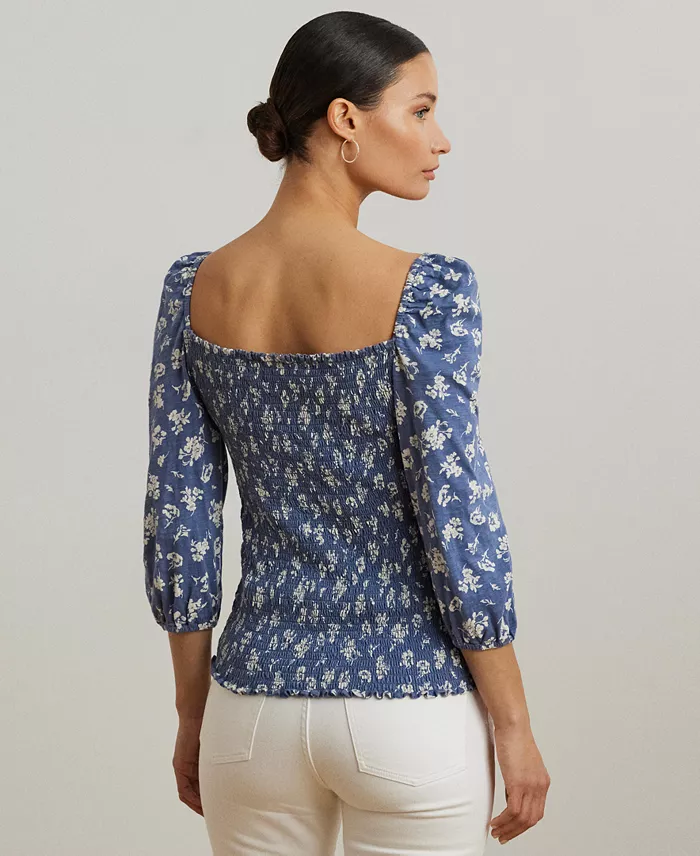 Lauren Ralph Lauren Women's Floral Slub Jersey Puff-Sleeve Top Women's Fashion Shoes & Accessories