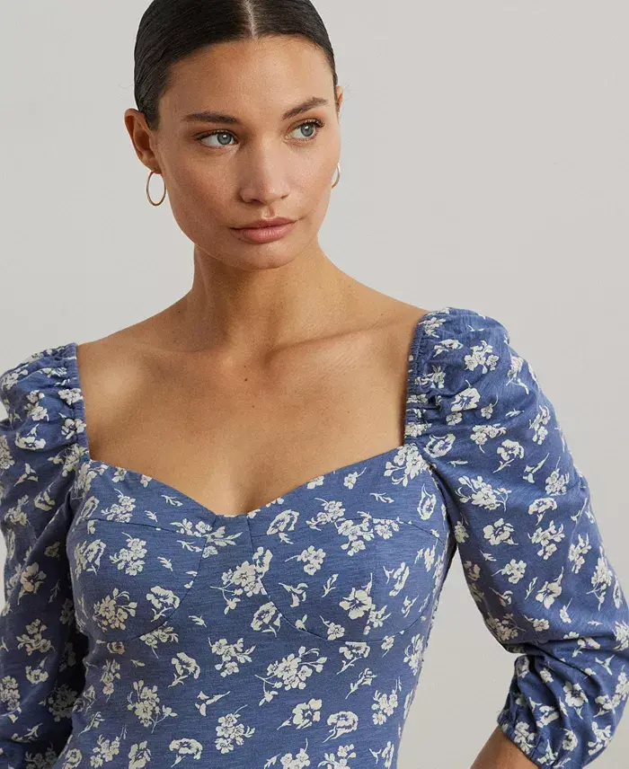 Lauren Ralph Lauren Women's Floral Slub Jersey Puff-Sleeve Top Women's Fashion Shoes & Accessories