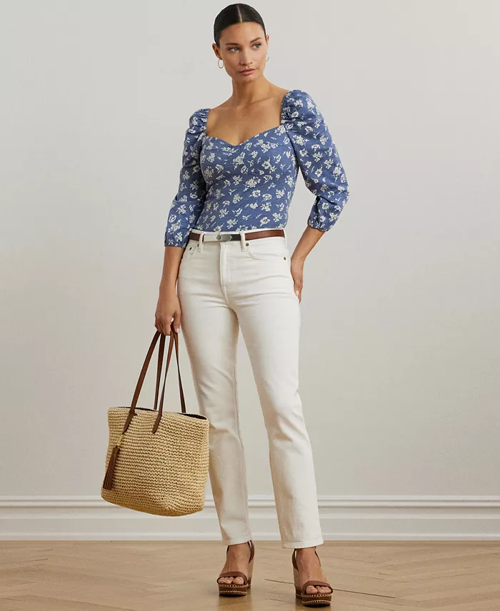 Lauren Ralph Lauren Women's Floral Slub Jersey Puff-Sleeve Top Women's Fashion Shoes & Accessories