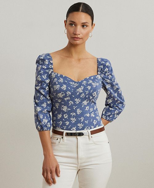 Lauren Ralph Lauren Women's Floral Slub Jersey Puff-Sleeve Top Women's Fashion Shoes & Accessories