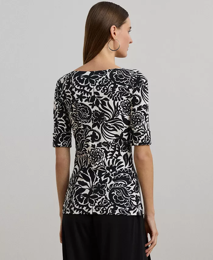 Lauren Ralph Lauren Women's Floral Stretch Cotton Boatneck Tee Women's Fashion Shoes & Accessories