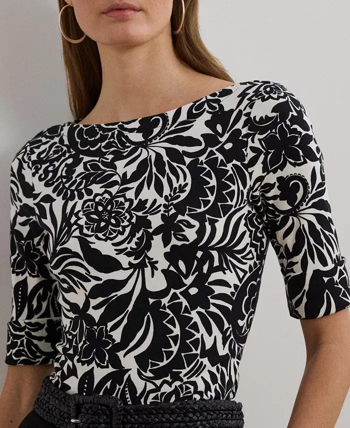 Lauren Ralph Lauren Women's Floral Stretch Cotton Boatneck Tee Women's Fashion Shoes & Accessories