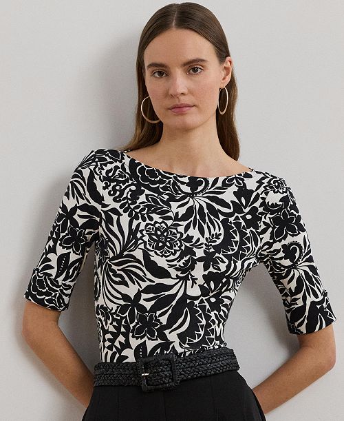Lauren Ralph Lauren Women's Floral Stretch Cotton Boatneck Tee Women's Fashion Shoes & Accessories