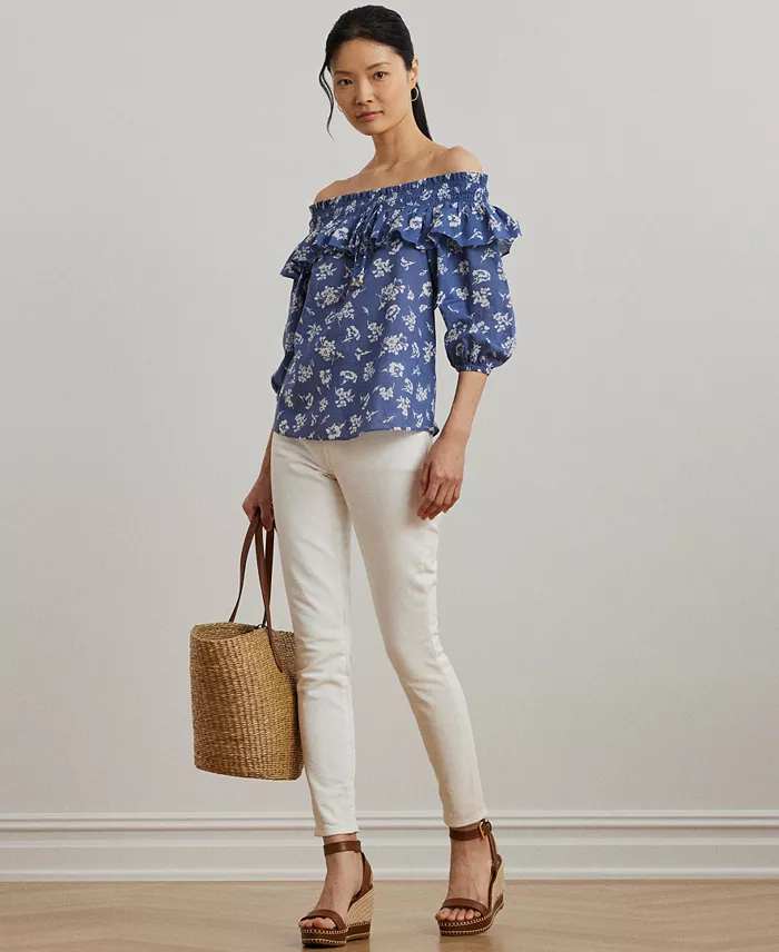 Lauren Ralph Lauren Women's Floral Voile Off-the-Shoulder Blouse Women's Fashion Shoes & Accessories