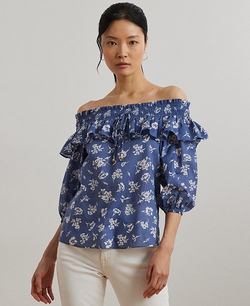 Lauren Ralph Lauren Women's Floral Voile Off-the-Shoulder Blouse Women's Fashion Shoes & Accessories
