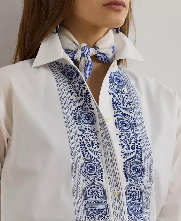 Lauren Ralph Lauren Women's Geo-Embroidered Cotton Broadcloth Shirt Women's Fashion Shoes & Accessories