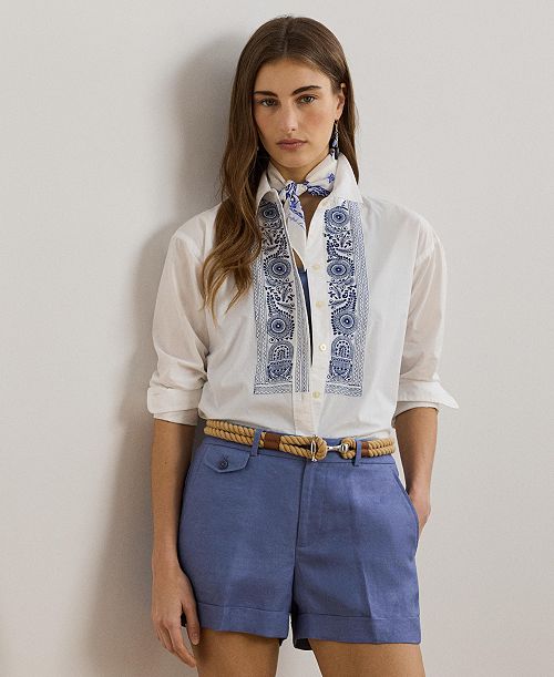 Lauren Ralph Lauren Women's Geo-Embroidered Cotton Broadcloth Shirt Women's Fashion Shoes & Accessories