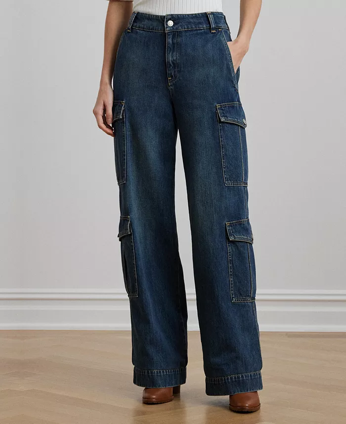 Lauren Ralph Lauren Women's High-Rise Wide-Leg Cargo Jeans Women's Fashion Shoes & Accessories