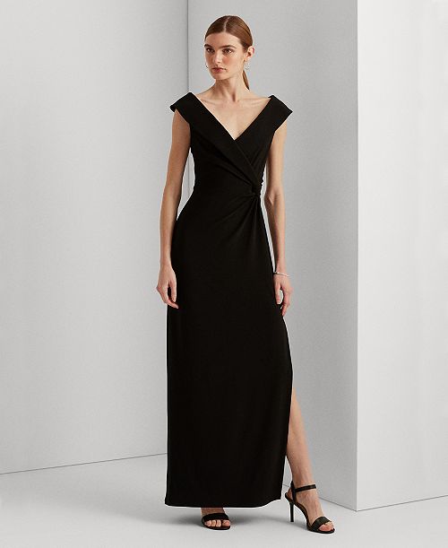 Lauren Ralph Lauren Women's Jersey Off-the-Shoulder Side-Slit Column Gown Women's Fashion Shoes & Accessories