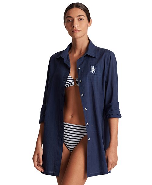 Lauren Ralph Lauren Women's Logo Embroidered Shirt Swim Cover-Up Women's Fashion Shoes & Accessories
