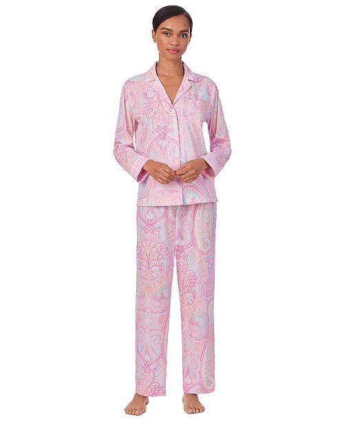 Lauren Ralph Lauren Women's Long Sleeve Notch Collar Long Pant Pajama Set Women's Fashion Shoes & Accessories