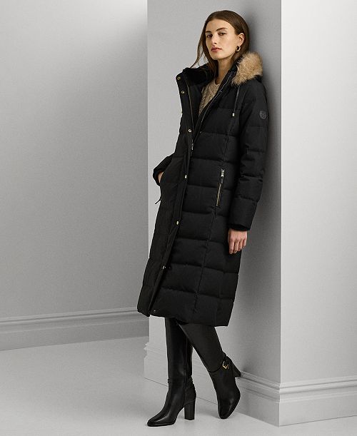 Lauren Ralph Lauren Women's Maxi Faux-Fur-Trimmed Hooded Puffer Coat Women's Fashion Shoes & Accessories