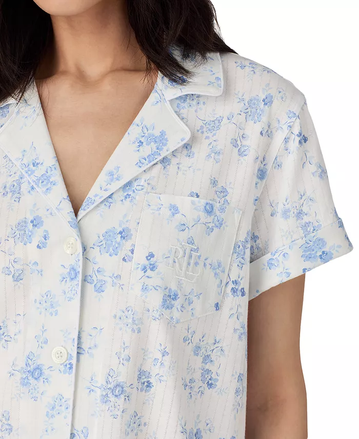 Lauren Ralph Lauren Women's Notched-Collar Cropped Pajama Set Women's Fashion Shoes & Accessories