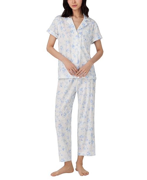 Lauren Ralph Lauren Women's Notched-Collar Cropped Pajama Set Women's Fashion Shoes & Accessories