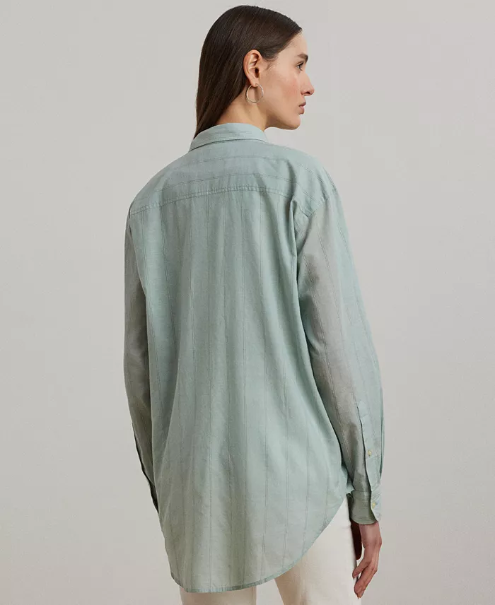 Lauren Ralph Lauren Women's Oversize Striped Cotton Voile Shirt Women's Fashion Shoes & Accessories