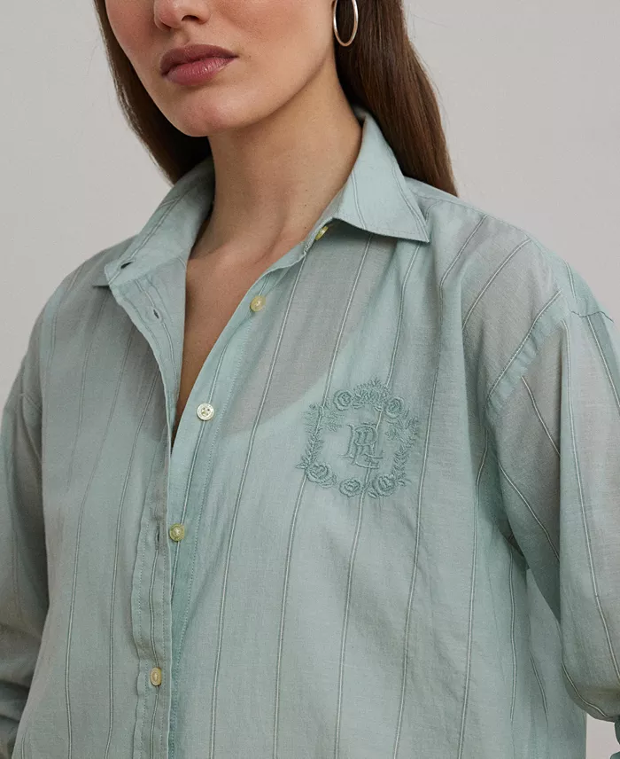 Lauren Ralph Lauren Women's Oversize Striped Cotton Voile Shirt Women's Fashion Shoes & Accessories