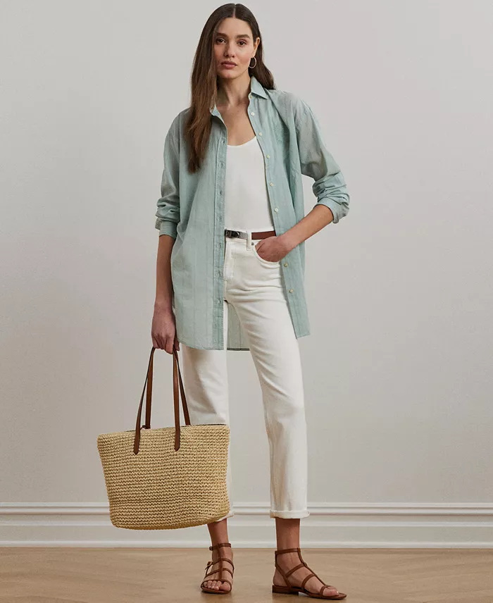 Lauren Ralph Lauren Women's Oversize Striped Cotton Voile Shirt Women's Fashion Shoes & Accessories