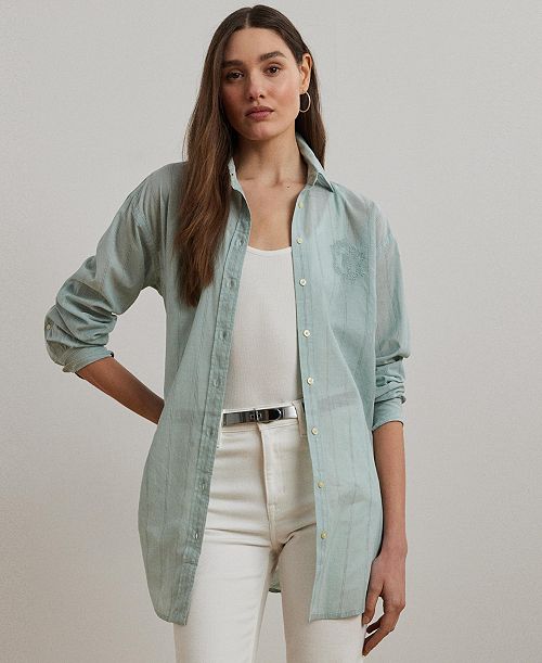 Lauren Ralph Lauren Women's Oversize Striped Cotton Voile Shirt Women's Fashion Shoes & Accessories
