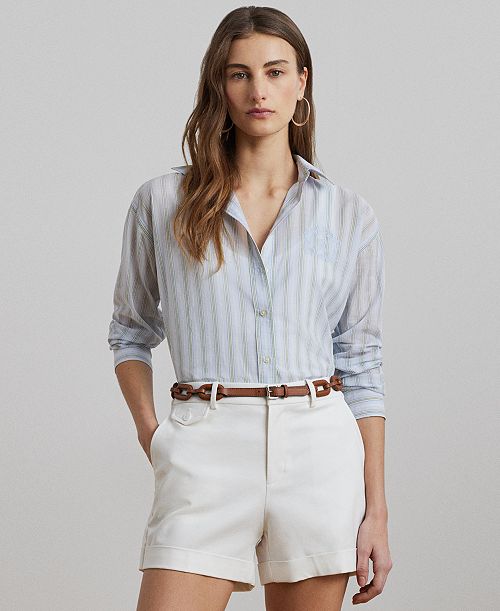 Lauren Ralph Lauren Women's Oversize Striped Cotton Broadcloth Shirt Women's Fashion Shoes & Accessories