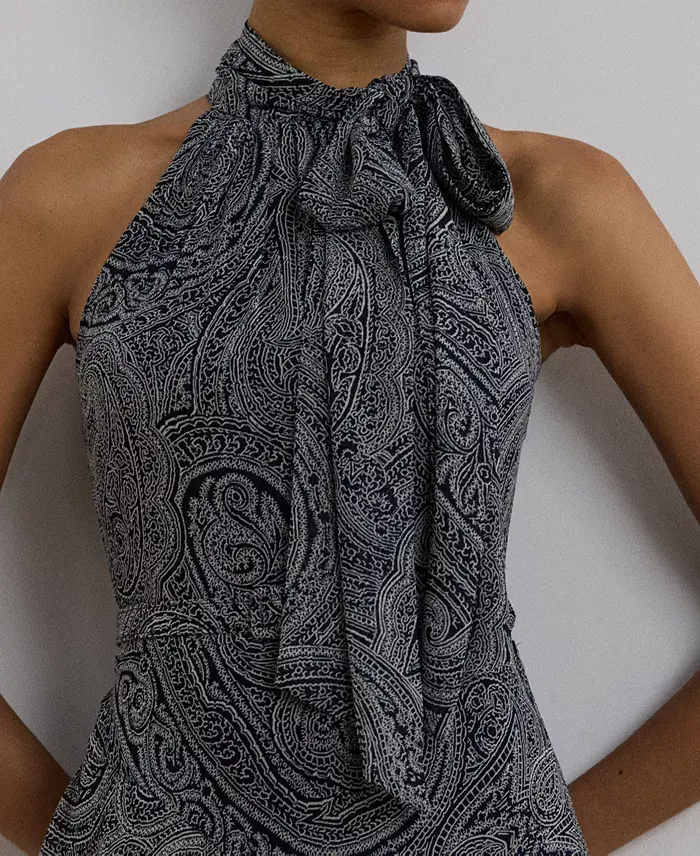 Lauren Ralph Lauren Women's Paisley Belted Georgette Tiered Gown Women's Fashion Shoes & Accessories