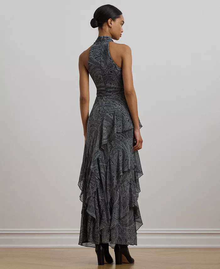 Lauren Ralph Lauren Women's Paisley Belted Georgette Tiered Gown Women's Fashion Shoes & Accessories