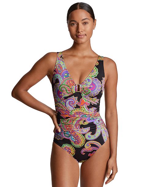 Lauren Ralph Lauren Women's Paisley-Print Ruched One-Piece Swimsuit Women's Fashion Shoes & Accessories