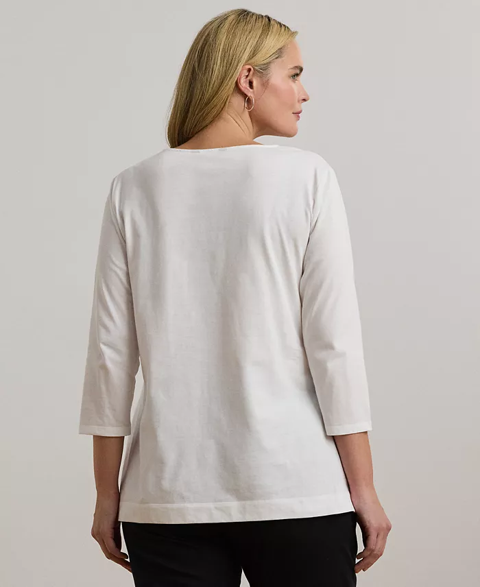 Lauren Ralph Lauren Women's Plus Size Split-Neck Three-Quarter Sleeve Cotton Tunic Women's Fashion Shoes & Accessories