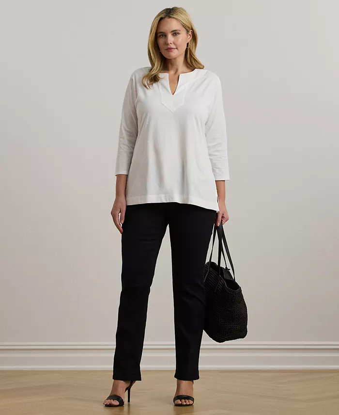 Lauren Ralph Lauren Women's Plus Size Split-Neck Three-Quarter Sleeve Cotton Tunic Women's Fashion Shoes & Accessories