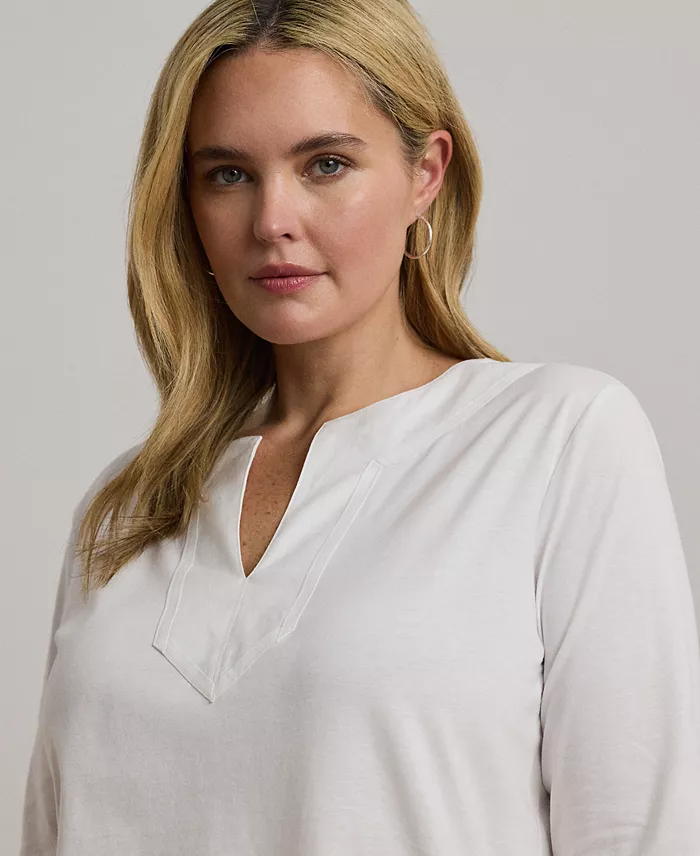 Lauren Ralph Lauren Women's Plus Size Split-Neck Three-Quarter Sleeve Cotton Tunic Women's Fashion Shoes & Accessories